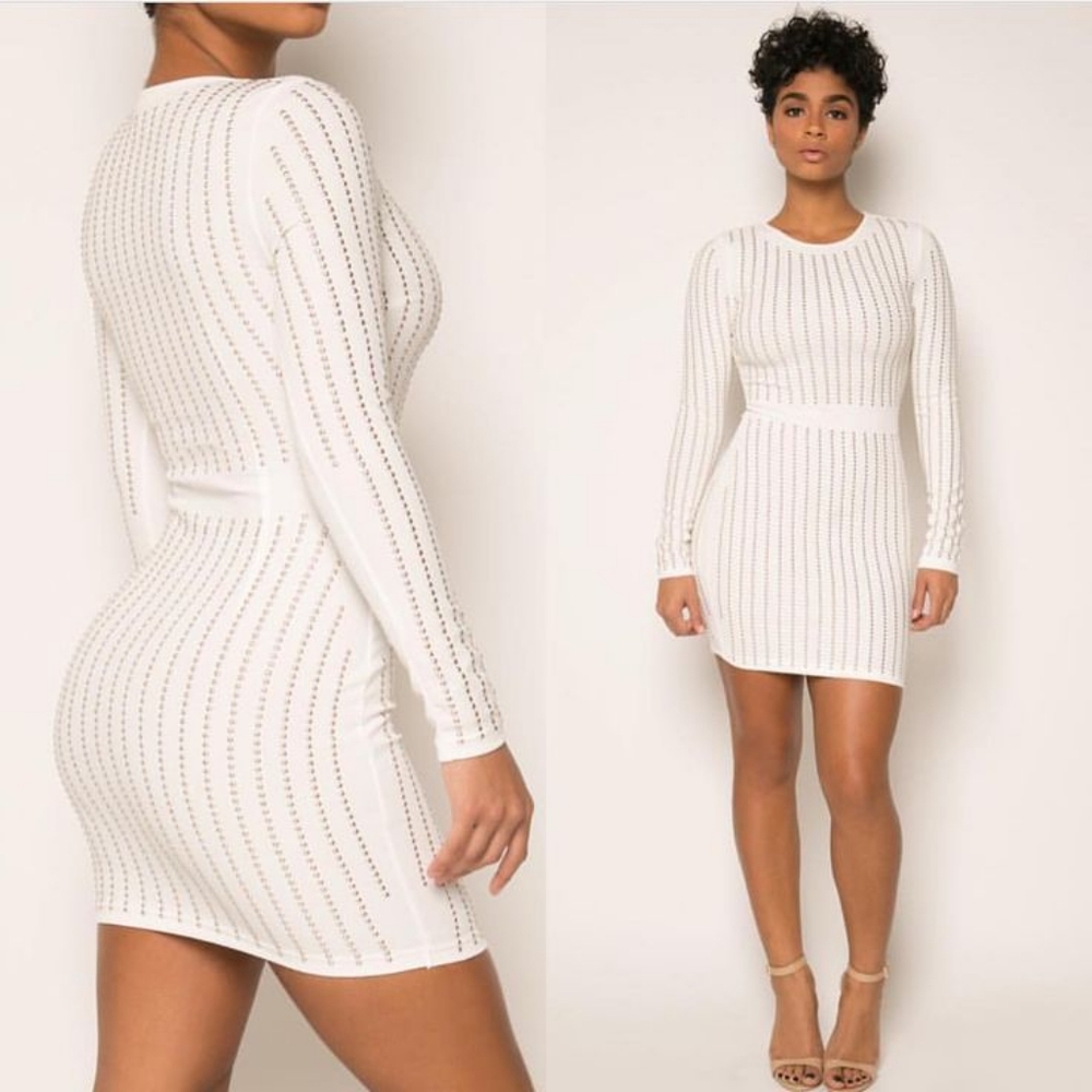 Windsor White Dotted Line Studded Rhinestone Mini Dress - White Sz: Large